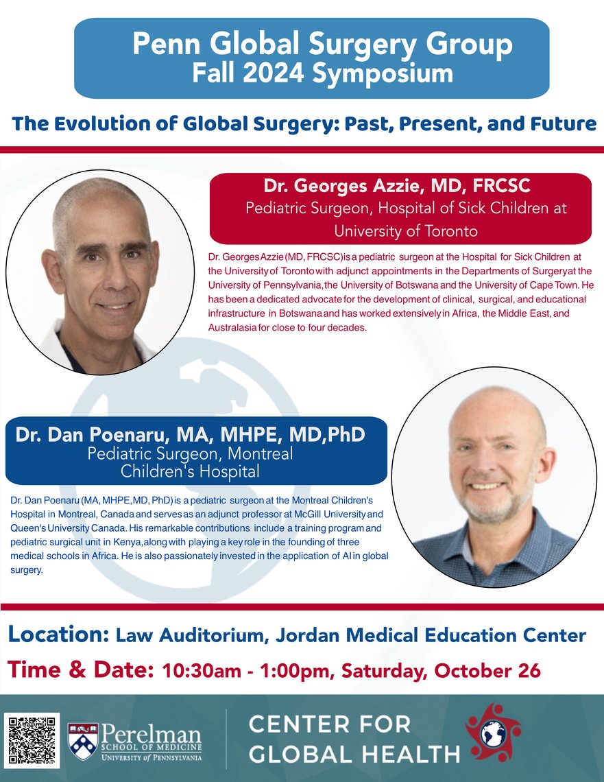 We are proud to announce the details of this year's PGSG Symposium on October 26th!

The event will feature keynotes by experts Dr. Georges Azzie and Dr. Dan Poenaru on the past, present, and future of global surgery.

Breakfast &amp; lunch provided!

eventbrite.com/e/penn-global-…