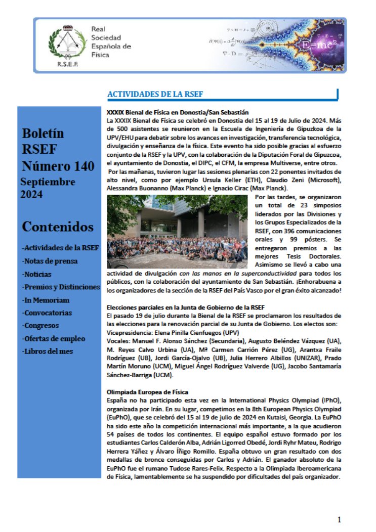 Ya ha salido el nuevo boletín de la Real Sociedad Española de Física, con noticias nacionales e internacionales del mundo de la física y de la ciencia. ¡Gracias por compartir y ayudar a su divulgación!
<a href="/RSEF_ESP/">RSEF</a> <a href="/GEMF_RSEF/">Grupo E. "Mujeres en Física" RSEF</a> <a href="/GEFES_RSEF/">GEFES RSEF</a> 
rsef.es/images/boletin…