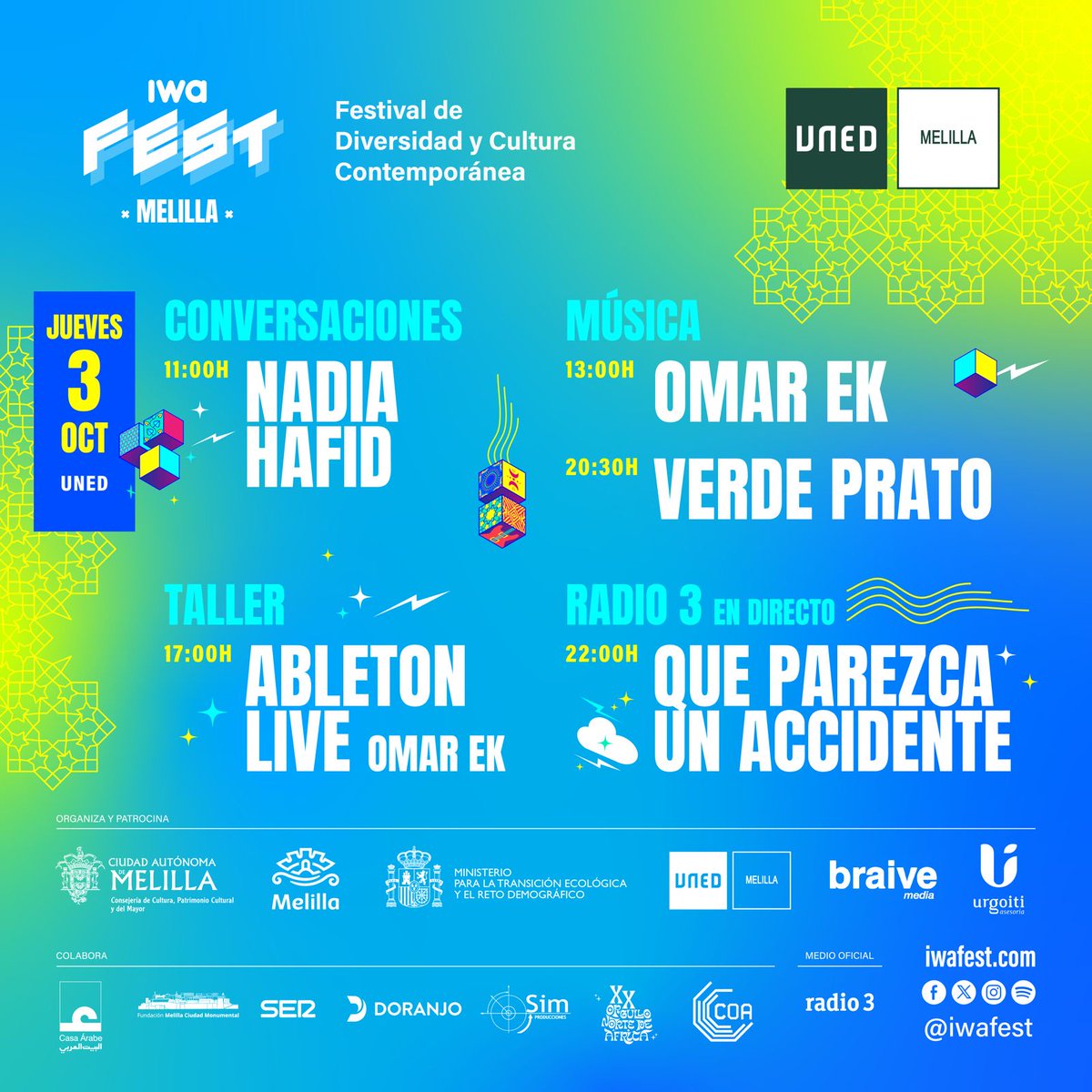 cadenasermel's tweet photo. 🎉En #HoyporHoyMelilla hablamos Mohammed Hammu, organizador de los eventos en la UNED dentro de @IwaFest  

🪩Mañana jueves 3 de octubre habrá dos pases, uno escolar y otro general,  para conocer a la premiada ilustradora de cómic Nadia Hafid

https://t.co/lDRbv7N1nF https://t.co/bAuPklujVF