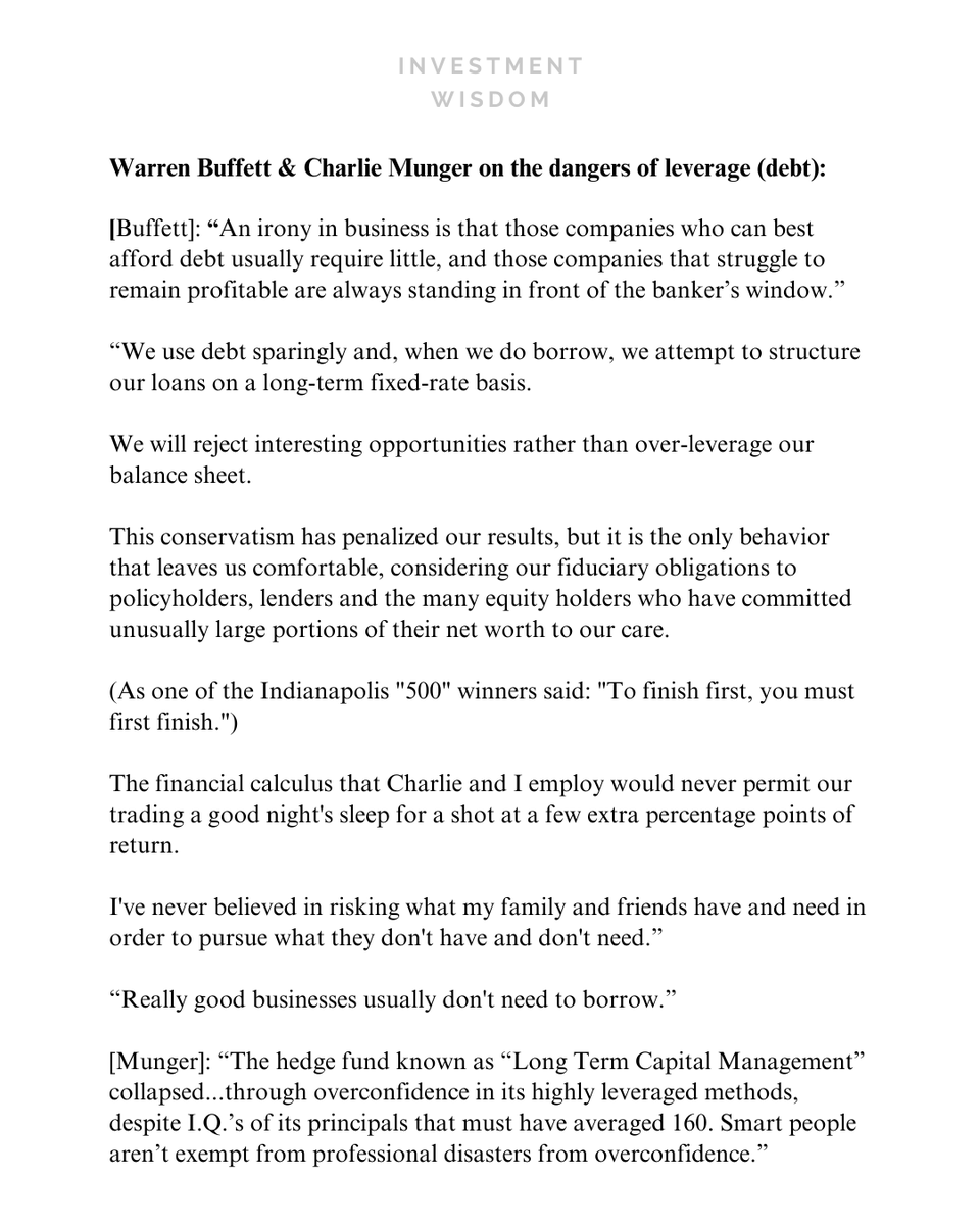 InvestingCanons's tweet photo. Warren Buffett &amp; Charlie Munger on the dangers of using debt: https://t.co/j3WWCmr8Ae