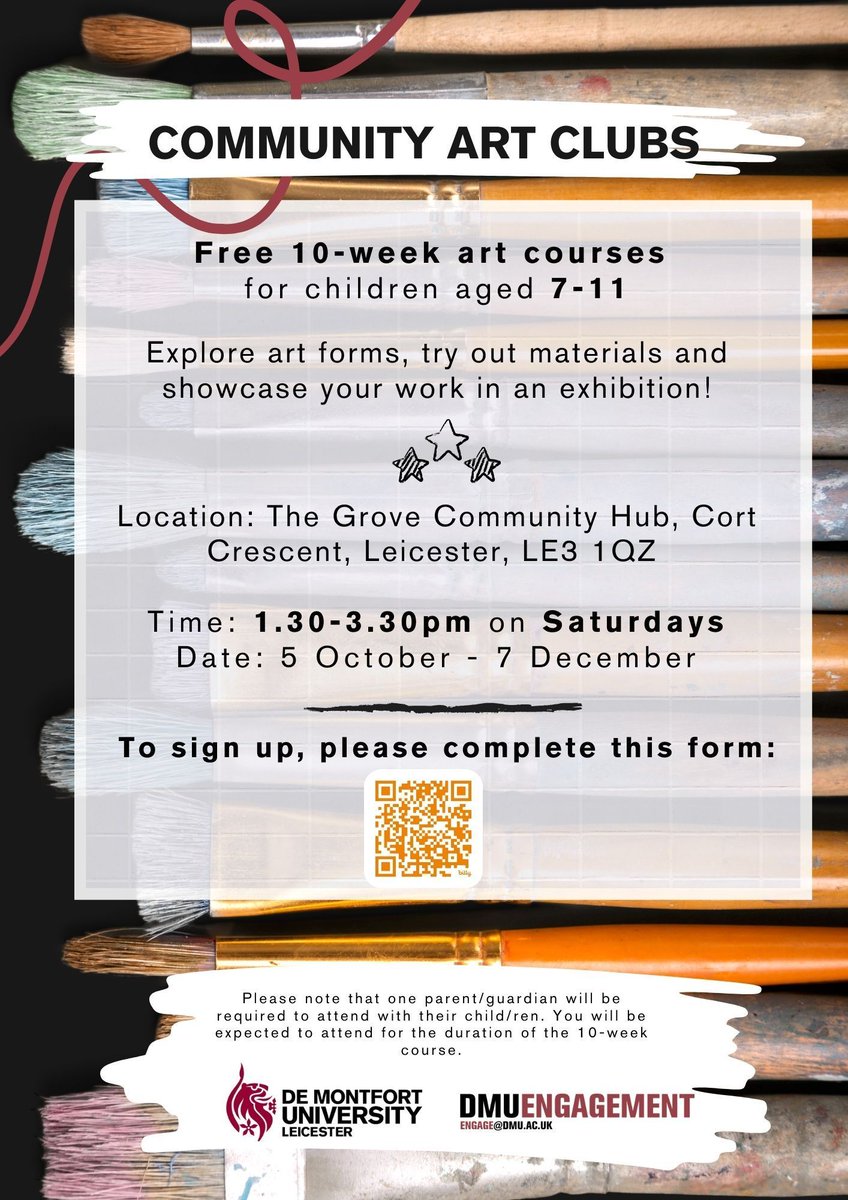 DMUEngagement (@dmuengagement) on Twitter photo Do you know a 7-11 year old who would love to spend time getting creative, learning different skills and experimenting with new techniques and materials? 🖌️ 🎨
A new <a href="/dmuleicester/">dmuleicester</a> Community Art Club begins this Saturday and we still have spaces!
Sign up: buff.ly/3ZJ82mv Do you know a 7-11 year old who would love to spend time getting creative, learning different skills and experimenting with new techniques and materials? 🖌️ 🎨
A new <a href="/dmuleicester/">dmuleicester</a> Community Art Club begins this Saturday and we still have spaces!
Sign up: buff.ly/3ZJ82mv