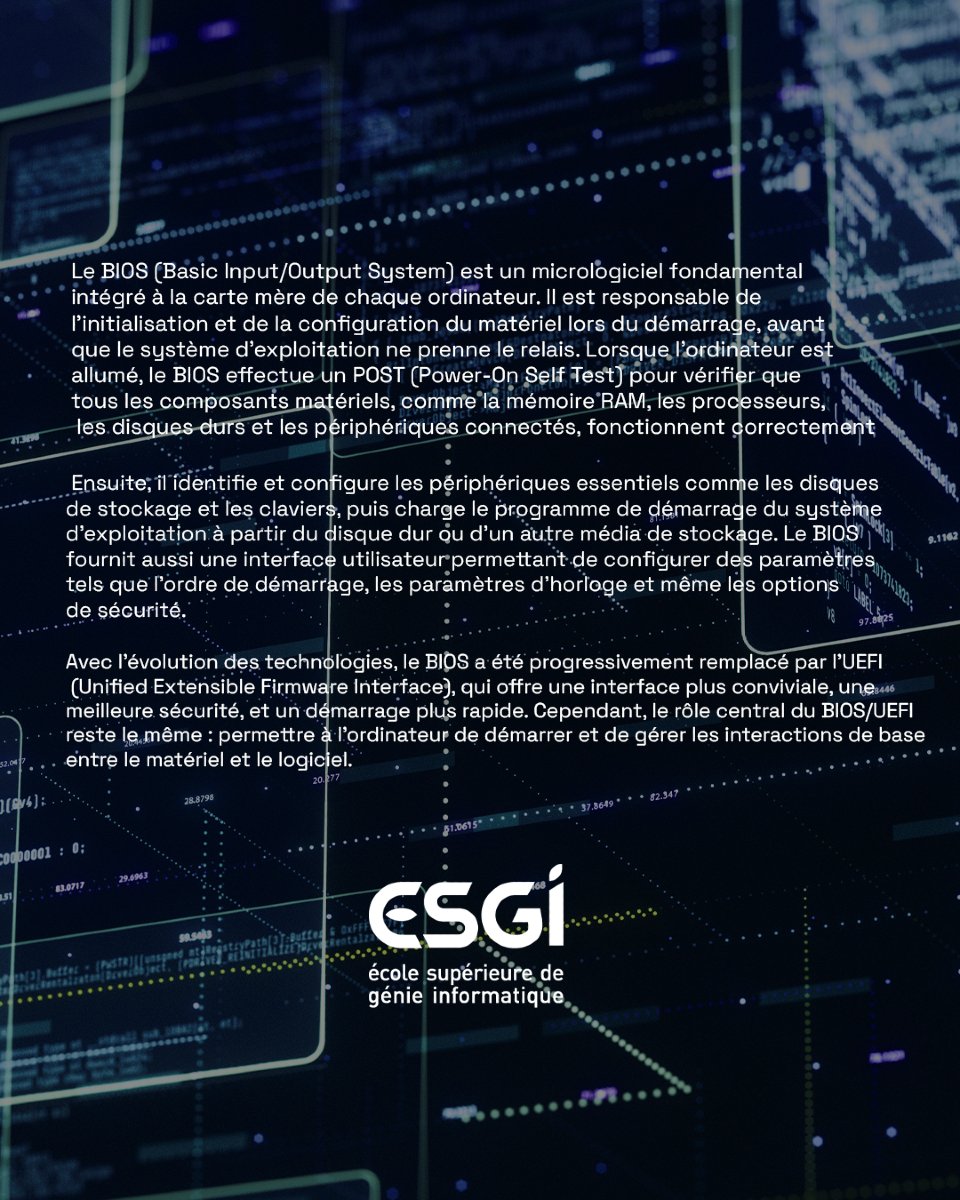 Dans le glossaire de la semaine, découvrez ce qu'est le "BIOS" sur un ordinateur.

#esgi #esgisquad #it #informatique #glossaire