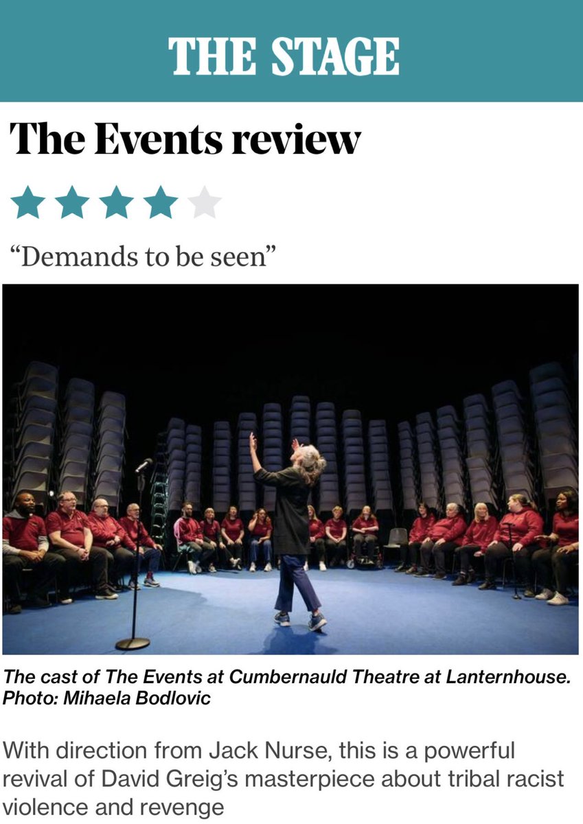 ⭐️⭐️⭐️⭐️ “Demands to be seen” - <a href="/TheStage/">The Stage</a>

The first review is in for #TheEvents.🤩

We have a special post-show discussion this evening &amp; are delighted to have the writer of The Events, David Greig joining us as well as a fantastic lineup of speakers.

📰 thestage.co.uk/reviews/the-ev…