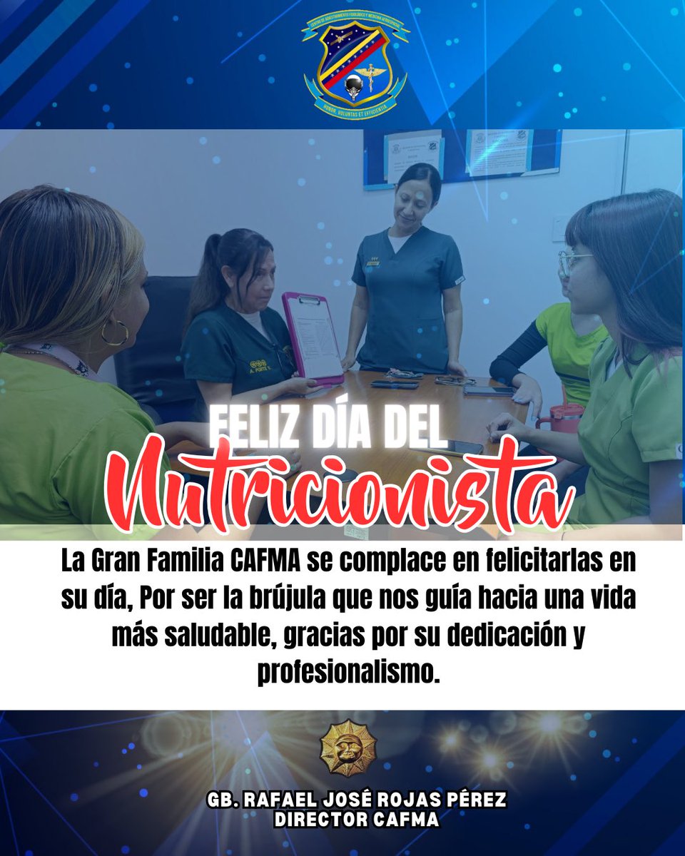 #02Oct// El GB. Rafael José Rojas Pérez Director, junto a la Gran Familia #CAFMA, se complacen en Felicitar a todos los Nutricionistas en su día, en especial a las que laboran en este centro de salud, Por ser la brújula que nos guía hacia una vida más saludable.

¡Feliz día!