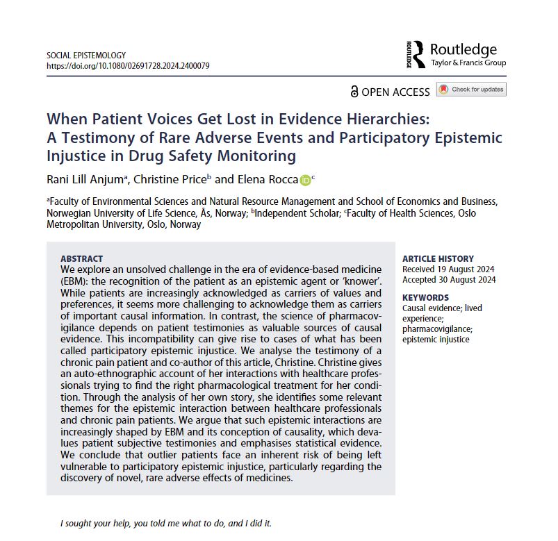 'I sought your help, you told me what to do, and I did it.'
When Patient Voices Get Lost in Evidence Hierarchies
#DrugSafety #causality #EpistemicInjustice #pharmacovigilance <a href="/LivingWellPain/">Tina</a> <a href="/ElenaRoccaPD/">Elena Rocca</a> <a href="/MattLowPT/">Matthew Low</a> <a href="/RogerKerry1/">Roger Kerry</a> <a href="/UMCGlobalSafety/">Uppsala Monitoring Centre</a>  
tandfonline.com/doi/full/10.10…