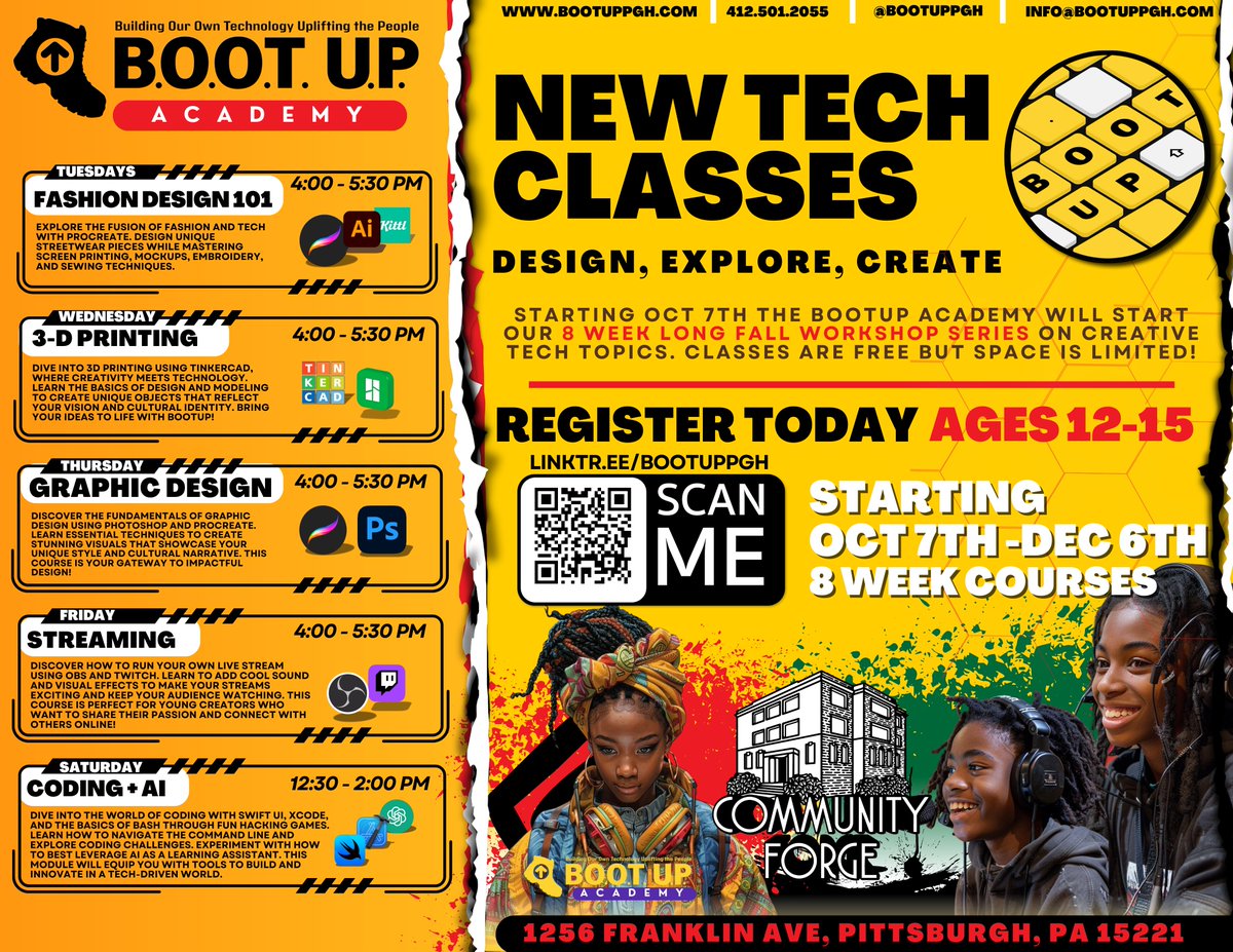 New Fall BootUp Academy Tech Classes for ages 12-15  - FREE 8 Weeks Courses on exciting topics designed for our youth! Register at linktr.ee/bootuppgh #HipHopEd <a href="/CommForgePGH/">Community Forge</a>