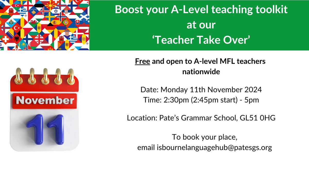 IsbourneLH's tweet image. You’re invited to join our A-level teacher Teach Meet!

Together we’ll delve into:

- strategies to engage students with film and literature
- grammar teaching without turning learners off

Email isbournelanguagehub@patesgs.org to book

#languagehubs