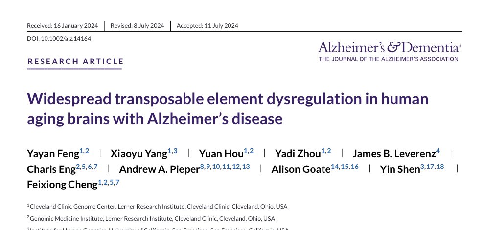 Feixiong Cheng (@feixiongcheng) on Twitter photo We identified Widespread transposable element dysregulation in human aging brains with Alzheimer’s disease and validated it by CRISPR from <a href="/YinShenLab/">Yin Shen</a> Thanks <a href="/NIHAging/">The National Institute on Aging (NIA)</a> <a href="/CCLRI/">Cleveland Clinic Lerner Research Institute</a> <a href="/YinShenLab/">Yin Shen</a> alz-journals.onlinelibrary.wiley.com/doi/10.1002/al… We identified Widespread transposable element dysregulation in human aging brains with Alzheimer’s disease and validated it by CRISPR from <a href="/YinShenLab/">Yin Shen</a> Thanks <a href="/NIHAging/">The National Institute on Aging (NIA)</a> <a href="/CCLRI/">Cleveland Clinic Lerner Research Institute</a> <a href="/YinShenLab/">Yin Shen</a> alz-journals.onlinelibrary.wiley.com/doi/10.1002/al…