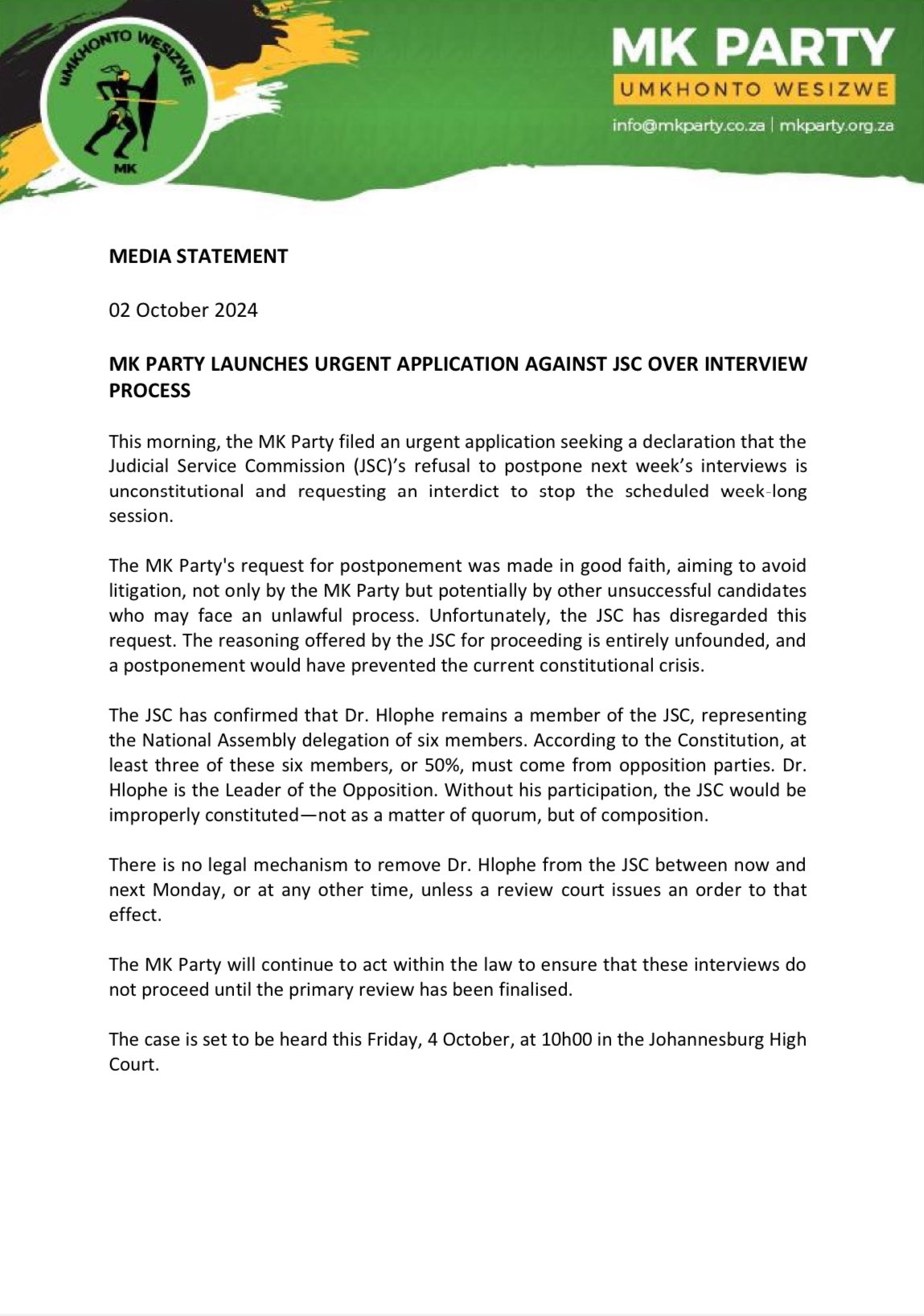 uMkhonto WeSizwe Party Official on X MK PARTY LAUNCHES URGENT APPLICATION AGAINST JSC OVER INTERVIEW PROCESS. https t 0ykFuOMysl X