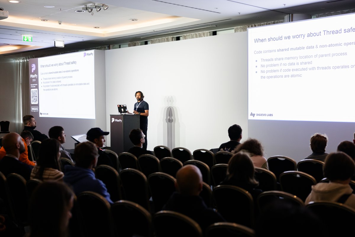 adarshd905's tweet image. It's the season of #Python 🐍 #Conferences!
Had a great time at #Piterpy 2024  in Saint Petersburg. I spoke on "Tackling Thread Safety in Python,"  which happened to be the only English talk at the offline part of the  @PiterPy conference.
- The event was organized by JUG Ru…