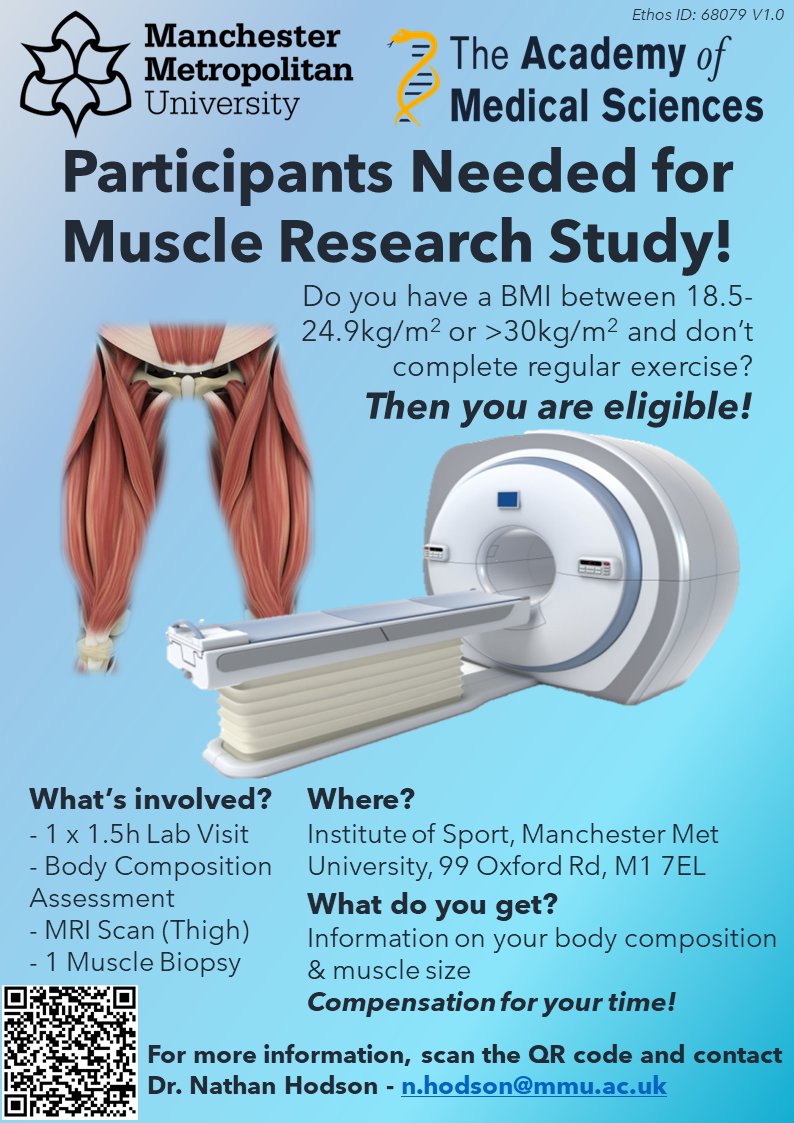 Nathan Hodson (@nathanhodson5) on Twitter photo Recruitment for the first part of my <a href="/acmedsci/">Academy of Medical Sciences</a> Springboard Award is now underway! We're looking for recreationally active individuals with a BMI of 18.5-24.9kg/m2 or >30kg/m2 to visit our lab for an MRI scan and muscle biopsy. Please retweet and contact me if interested! Recruitment for the first part of my <a href="/acmedsci/">Academy of Medical Sciences</a> Springboard Award is now underway! We're looking for recreationally active individuals with a BMI of 18.5-24.9kg/m2 or >30kg/m2 to visit our lab for an MRI scan and muscle biopsy. Please retweet and contact me if interested!