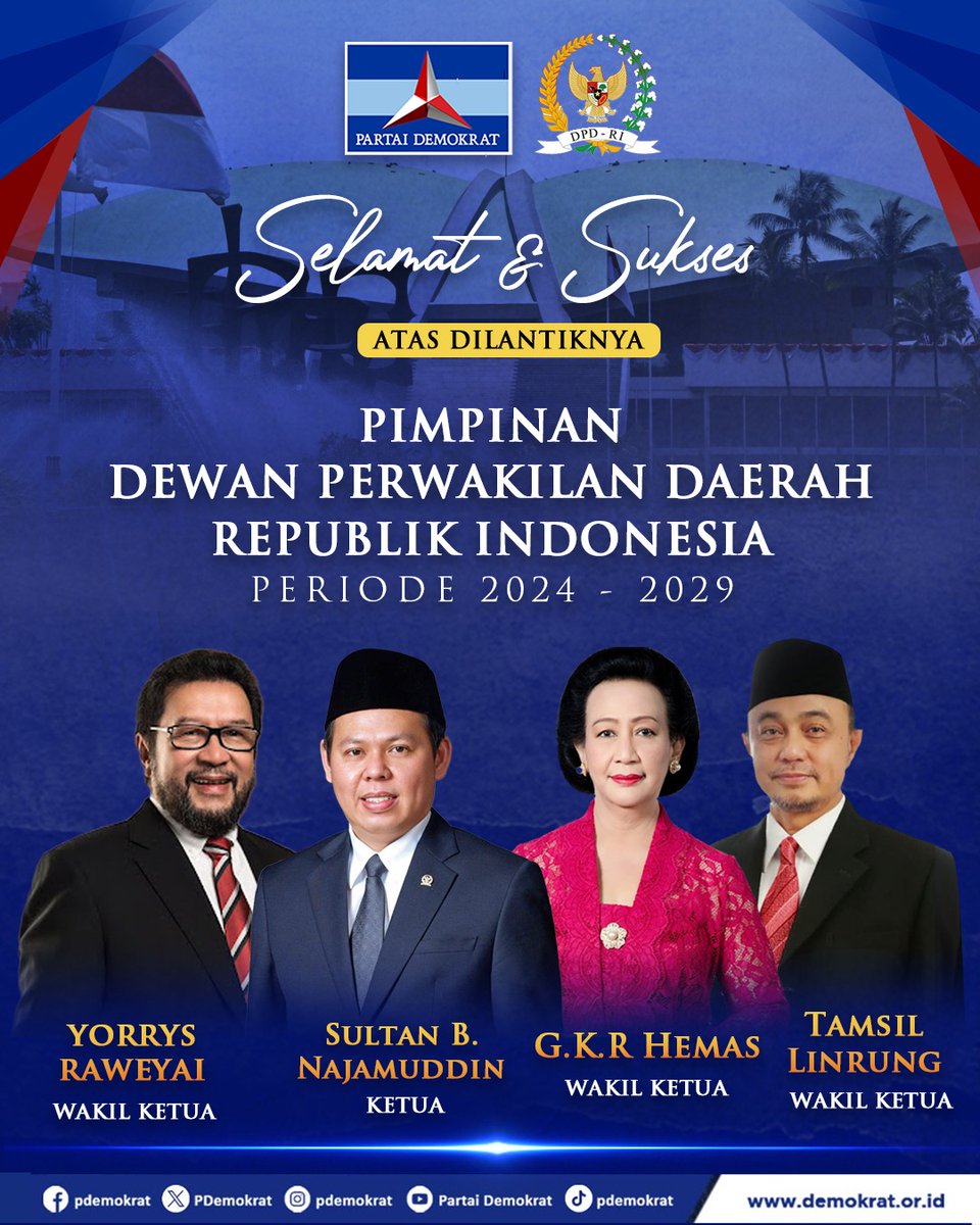 Selamat atas dilantiknya Pimpinan Dewan Perwakilan Daerah Republik Indonesia Periode 2024-2029!

Semoga kepemimpinan yang baru ini dapat memperjuangkan aspirasi daerah demi kemajuan dan kesejahteraan seluruh rakyat Indonesia. 🇮🇩