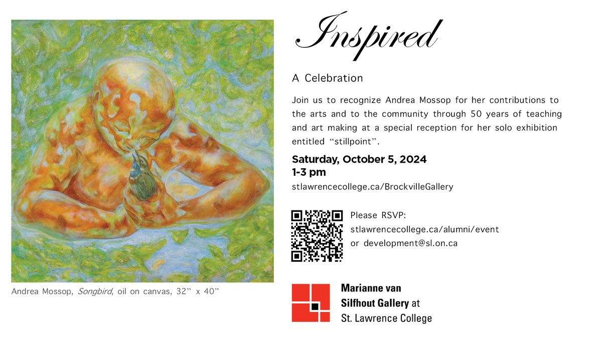 SLC_Alumni's tweet photo. Please join us this Saturday, October 5 to celebrate the remarkable career of artist and former SLC faculty member, Andrea Mossop. A special reception will be held from 1:00 to 3:00 PM at the Marianne Van Silfhout Gallery. Read more https://t.co/8Tvi4u7iRD https://t.co/tpFVabosMr