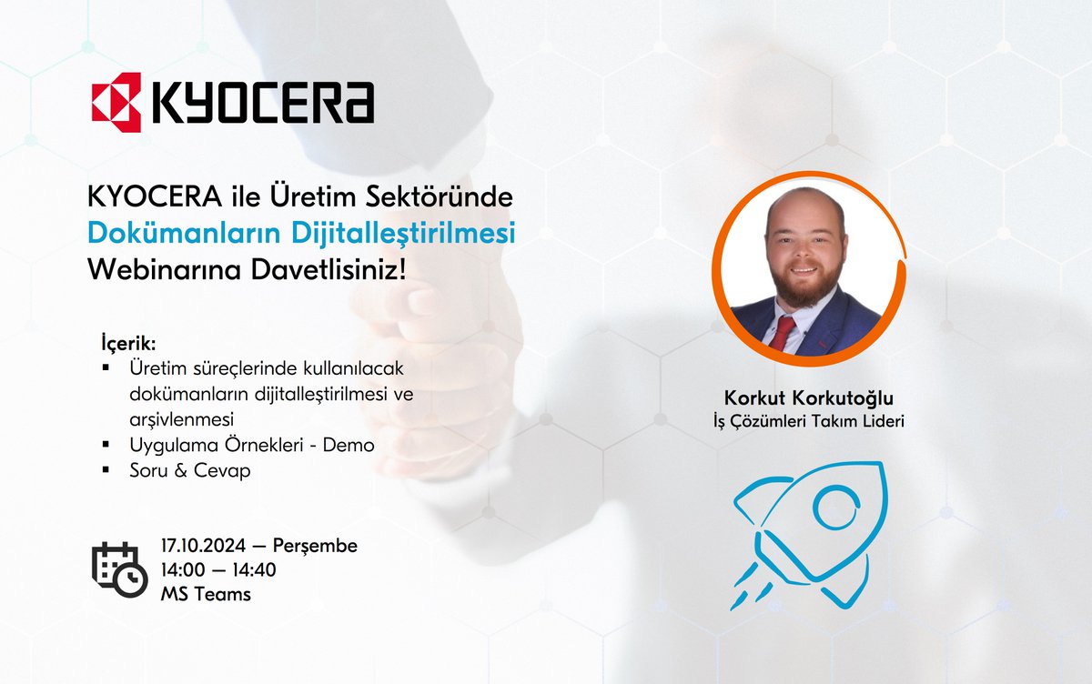 📣 Webinarımıza Davetlisiniz!

Sizleri üretim süreçlerinde kullanılacak dokümanların dijitalleştirilmesi ve arşivlenmesi üzerine düzenleyeceğimiz webinarımıza davet ediyoruz!
👉 Hemen yerinizi ayırtın. bit.ly/4gLkbxl

#KYOCERA #webinar #üretim #dijitalleşme