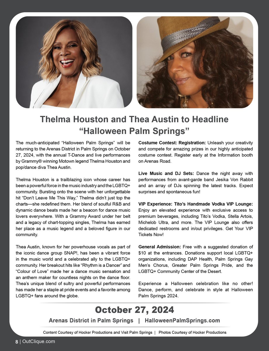 Thelma Houston and Thea Austin to Headline “Halloween Palm Springs”  October 27th, 2024

OutClique.com/thelma-houston…