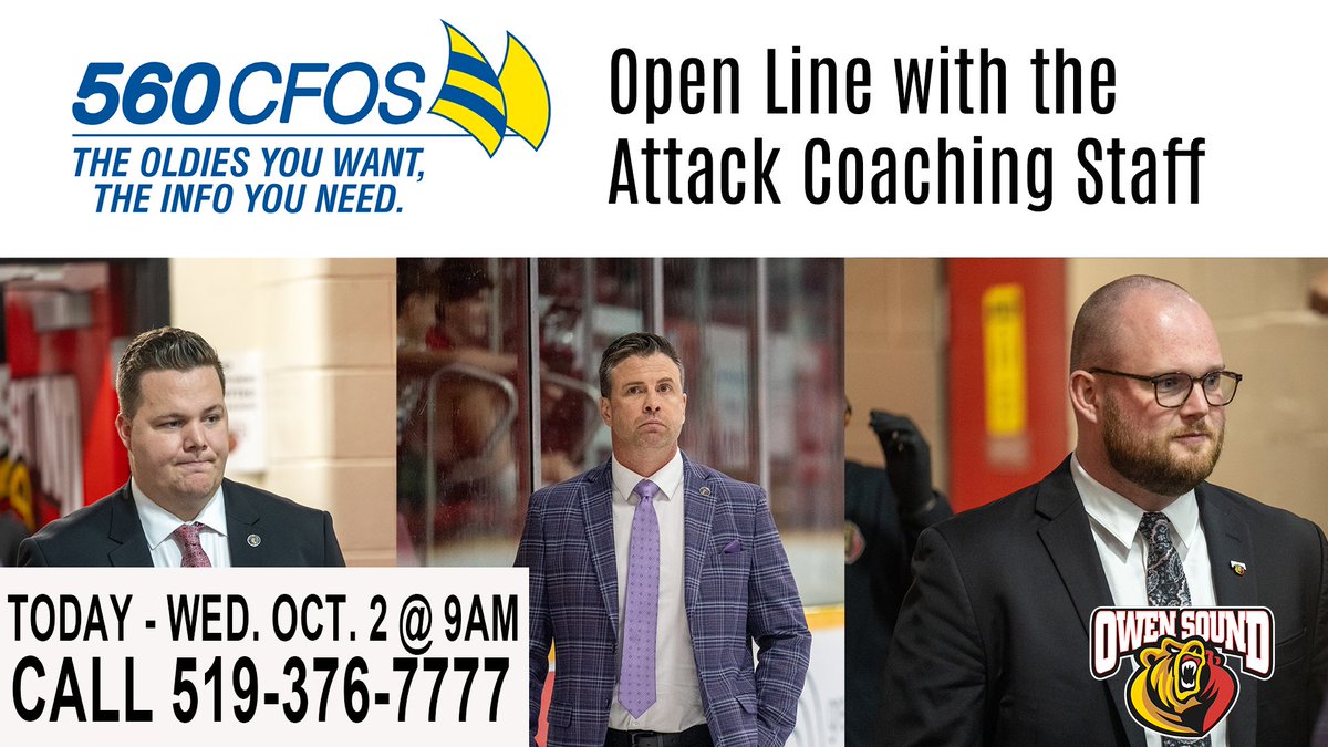 AttackOHL's tweet photo. Have a question you want to ask the Attack coaching staff?
Now's your chance!
They will be live on the 560CFOS Ask the Expert Open Line today from 9am to 10pm.
Call in at 519-376-7777
#asktheexpert #osattack https://t.co/iEarpi1eGK