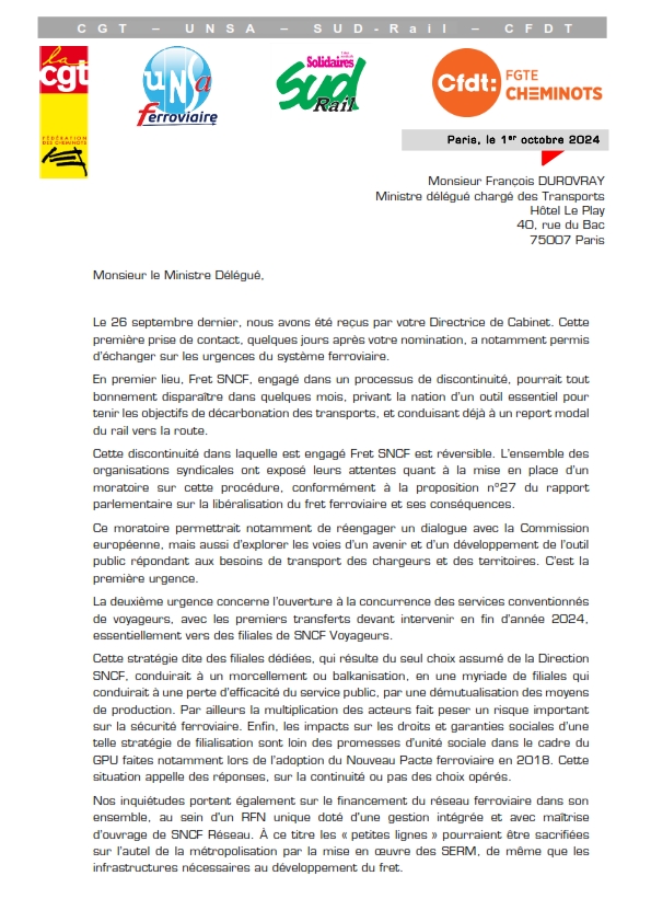 Fede_SUD_Rail's tweet photo. ⭕️ Suite à notre mobilisation réussie du 26 septembre, nous avions averti que le ministre @durovray devra recevoir très rapidement les fédérations #cheminotes.
✅ Une nouvelle interpellation #unitaire vient d'être transmise ; nos revendications ne sont pas négociables ! https://t.co/xNYaqSVwZA