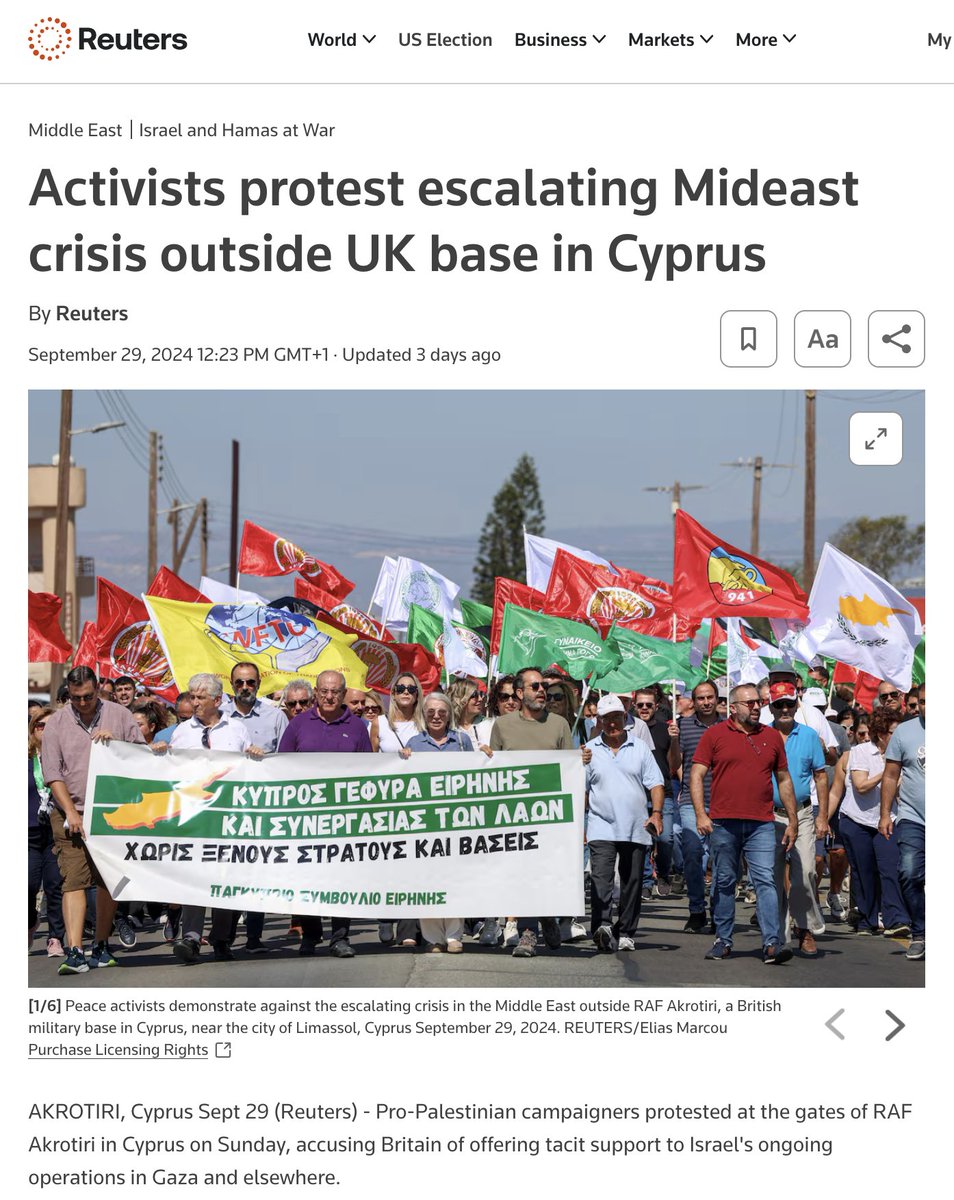 On Sunday, there was a big demonstration at the gates of RAF Akrotiri, Britain's sprawling base on Cyprus.

Cypriots are outraged the UK is using their island as the international hub for aiding the Israeli war machine as it commits genocide in Gaza + terrorism across the region.