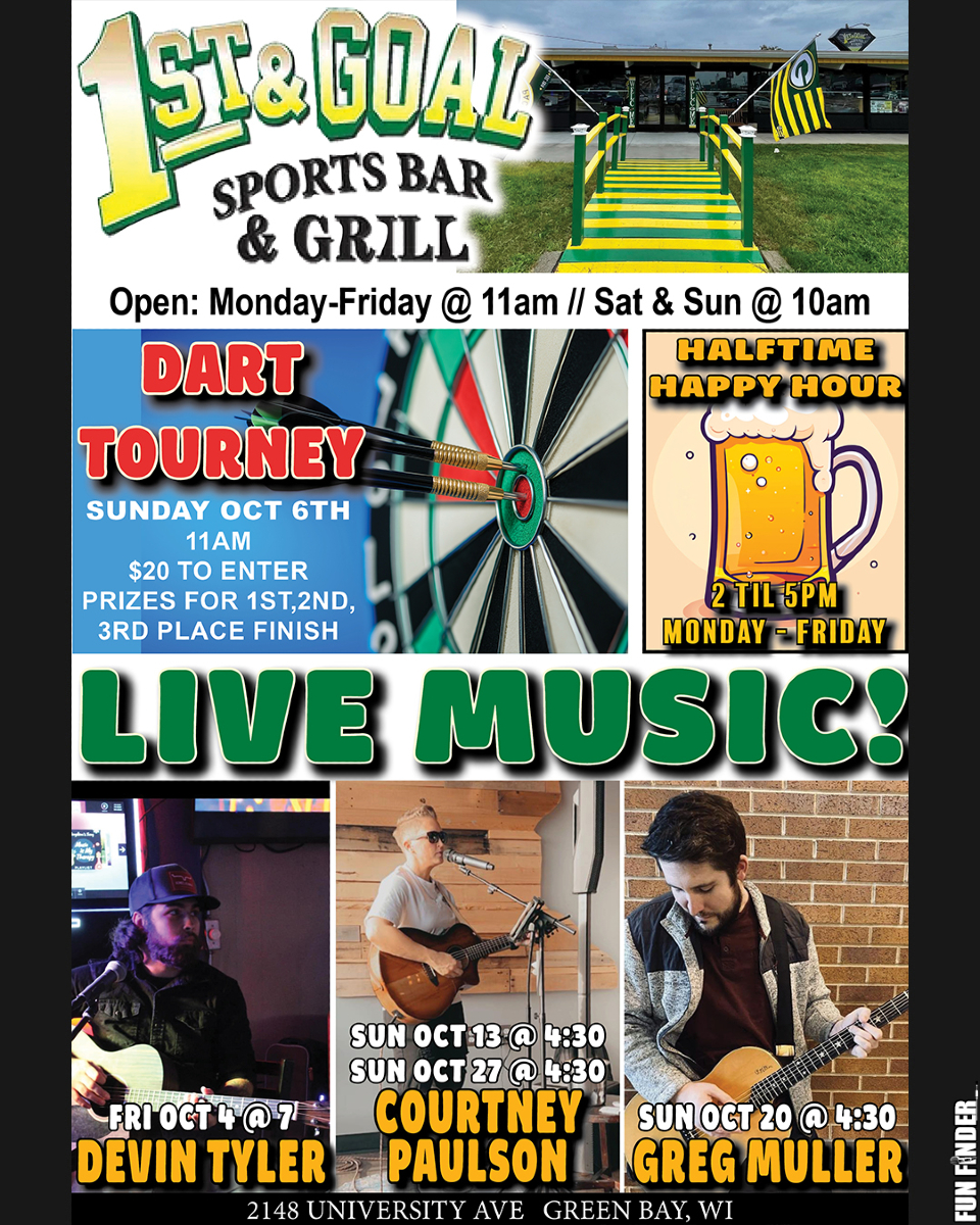 funfinderinfo's tweet image. Dart Tournament and Live Music at 1st &amp;amp; Goal! 🎯🎸 Join us for a dart tournament on October 6th and enjoy live music from Courtney Paulson, Devin Tyler, and Greg Muller throughout the month. Don't miss out on the fun! #1stAndGoal #DartTournament #LiveMusic #GreenBay