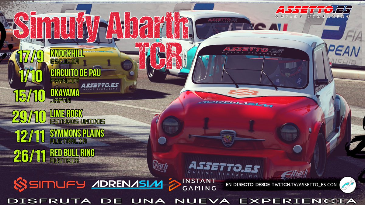 Podium circuito de Pau🇫🇷

🚗 <a href="/abarth/">ABARTH</a> TCR manga 1

🥇Samuel Navarro 
🥈Carlos Barranco 
🥉Hugo Misa

🚗 <a href="/abarth/">ABARTH</a> TCR manga 2

🥇Abraham Sáez 
🥈Carlos Barran
🥉Clemente Fernández 

🎉 Patrocinan por <a href="/AdrenaSim/">Carlos Sim</a> <a href="/simufy/">Simufy</a> <a href="/InstantGamingES/">Instant Gaming</a>

👉🏼 Más info en assetto.es