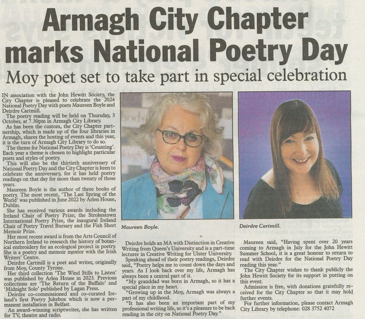 Deirdre Cartmill (@deirdrecartmill) on Twitter photo A nice piece in the Ulster Gazette about our National Poetry Day Reading tomorrow Thursday 3rd October at 7.30pm in Armagh City Library.
Free; donations welcome. To book call the library 028 3752 4072 or email armagh.library@librariesni.org.uk
<a href="/BoyleMo/">Maureen Boyle</a> <a href="/ArlenHouse/">Alan Hayes : Arlen House</a> A nice piece in the Ulster Gazette about our National Poetry Day Reading tomorrow Thursday 3rd October at 7.30pm in Armagh City Library.
Free; donations welcome. To book call the library 028 3752 4072 or email armagh.library@librariesni.org.uk
<a href="/BoyleMo/">Maureen Boyle</a> <a href="/ArlenHouse/">Alan Hayes : Arlen House</a>
