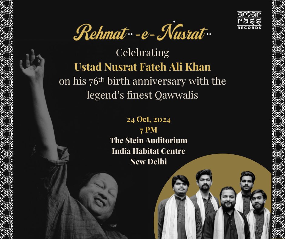 Join us on 24 October 2024, as Rehmat-e-Nusrat pays tribute to the legend Nusrat Fateh Ali Khan with a unique night filled with his iconic qawwalis.

Tickets : in.bookmyshow.com/events/rehmat-…