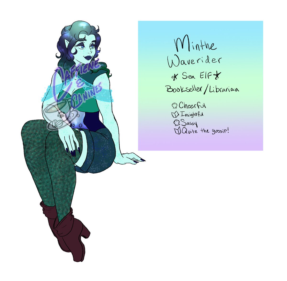 Caffeine_n_K9s's tweet image. #adoptober day 2 features our first NPC adopt! Need a gossipy librarian to help your players track down a mystery? Look no further than Minthe! 

Price: $60 USD
PayPal only 
Comment &quot;claim&quot; below (multiple people can claim)

#dnd #dndadoptable #seaelf #dndseaelf #dndnpc