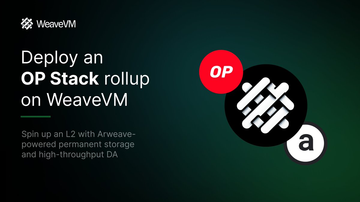 WeaveVM now supports <a href="/Optimism/">Optimism</a> OP Stack rollup architecture, making it easy to deploy an optimistic L2 with high-throughput DA and permanent <a href="/ArweaveEco/">Arweave Ecosystem</a>-powered storage.

blog.wvm.dev/deploy-op-stac…