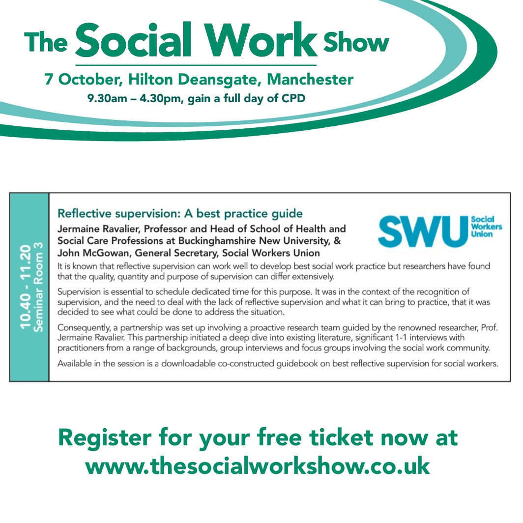 Join SWU General Secretary John McGowan and Professor <a href="/Ravalier/">Jermaine</a> on Oct 7 in Manchester for the #SocialWorkShow launch of the Reflective Supervision: A Best Practice Guide. 

And stop by the BASW England &amp; SWU stall to say hello!

Book your free ticket 🔗
compassjobsfair.com/Events/The-Soc…