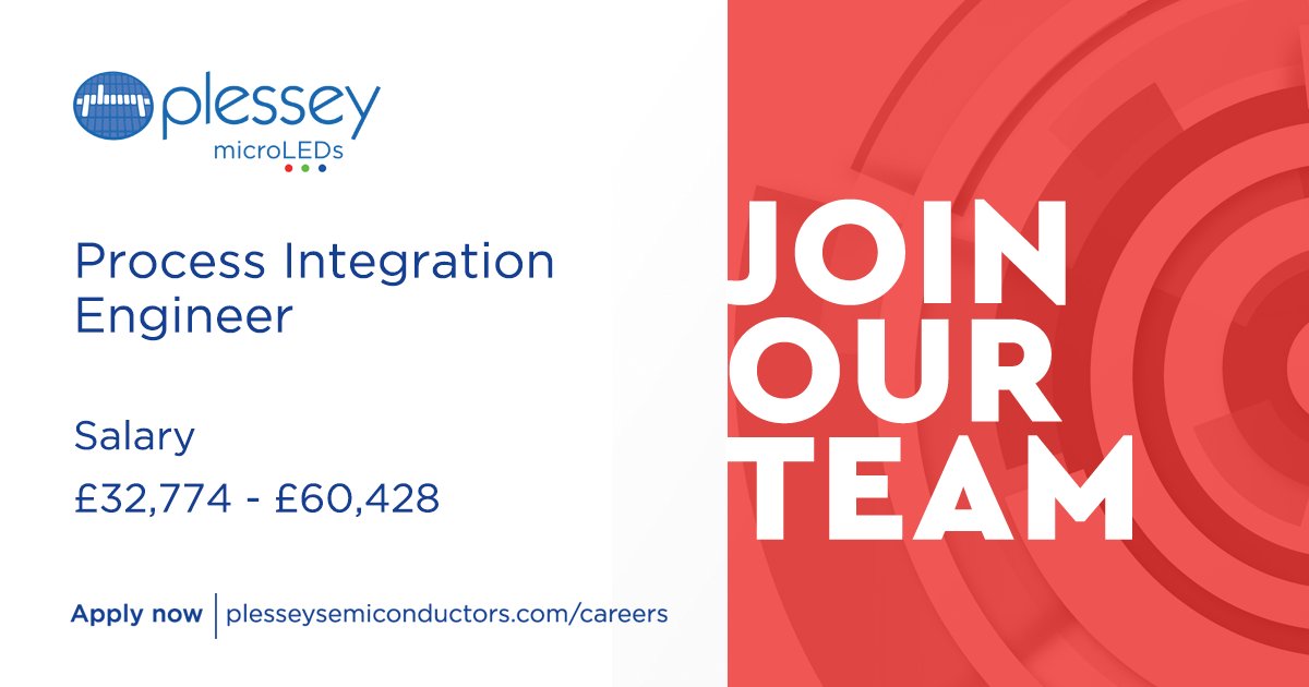 We are hiring a process integration engineer to join our R&amp;D team, working alongside world leaders at our high-technology facility in Plymouth. 

Find out more and apply here: ow.ly/HiUa50TB0lk 

#Plessey #Semiconductors #microLEDS #AR #Meta #Manufacturing #Engineering