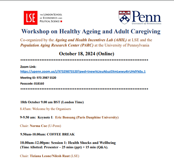 Nilesh Raut (@nileshraut11) on Twitter photo We are excited to announce the Event Program for the LSE-UPenn Workshop on Health Aging and Adult caregiving. Please join us online on 18th October at 9.00am London time.
<a href="/HealthLse/">Lse Health</a>
<a href="/PennPARC/">Population Aging Research Center at Penn</a>
<a href="/nbcoe1/">norma coe</a>
@JoanCostaiFont
<a href="/tizianaleone/">Tiziana Leone now on @tizianaleone.bsky.social</a>
<a href="/HansPKohler/">Hans-Peter Kohler</a>
lse.ac.uk/lse-health/ass… We are excited to announce the Event Program for the LSE-UPenn Workshop on Health Aging and Adult caregiving. Please join us online on 18th October at 9.00am London time.
<a href="/HealthLse/">Lse Health</a>
<a href="/PennPARC/">Population Aging Research Center at Penn</a>
<a href="/nbcoe1/">norma coe</a>
@JoanCostaiFont
<a href="/tizianaleone/">Tiziana Leone now on @tizianaleone.bsky.social</a>
<a href="/HansPKohler/">Hans-Peter Kohler</a>
lse.ac.uk/lse-health/ass…
