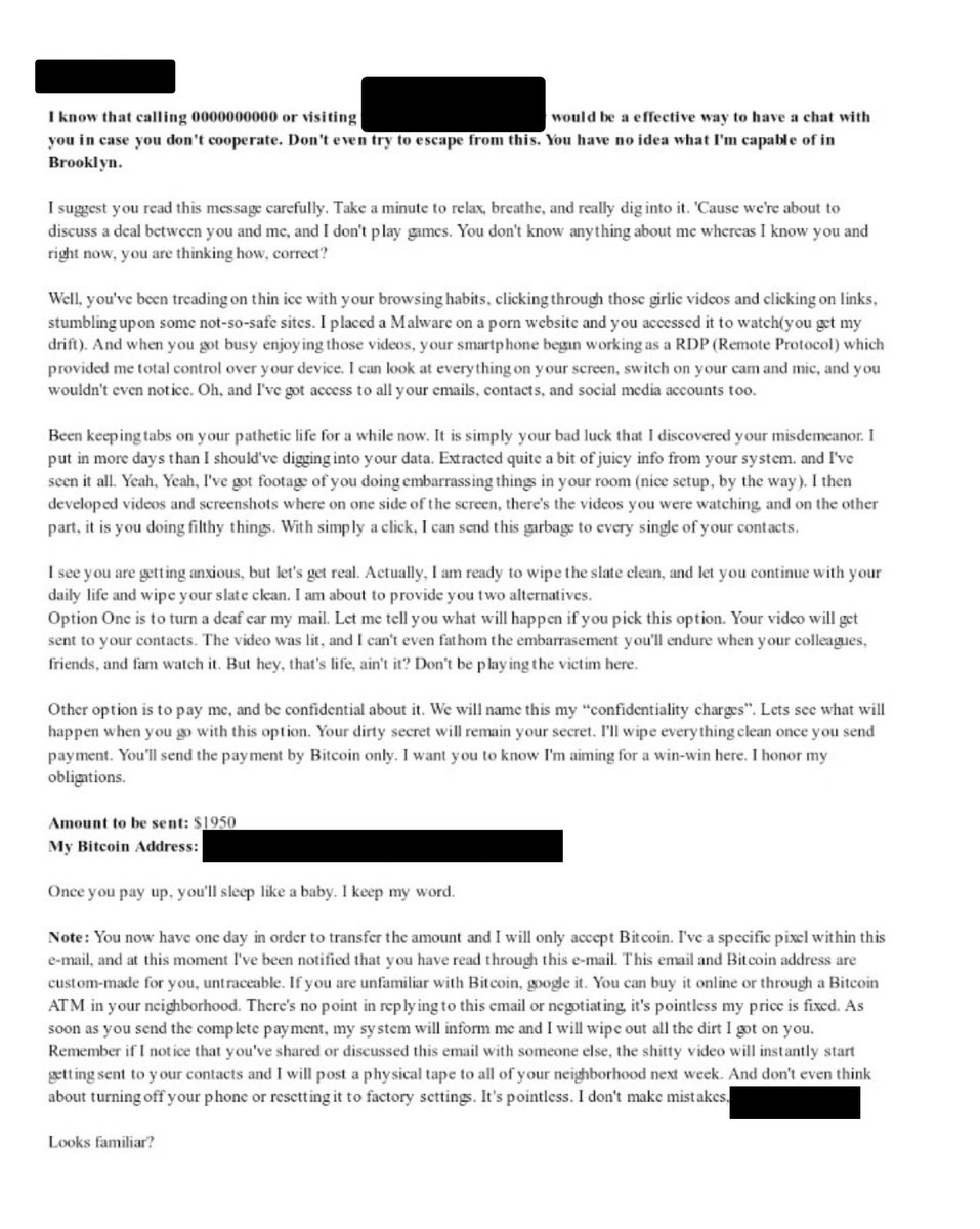 NYPD66Pct's tweet photo. Does this email look familiar? 
We sent them an invite to tour our jail cells.

Watch out for email extortion scams! Scammers may claim to have personal info and demand payment. Don’t fall for it. 
Stay vigilant! #ScamAwarness https://t.co/ARWT2MjUmZ