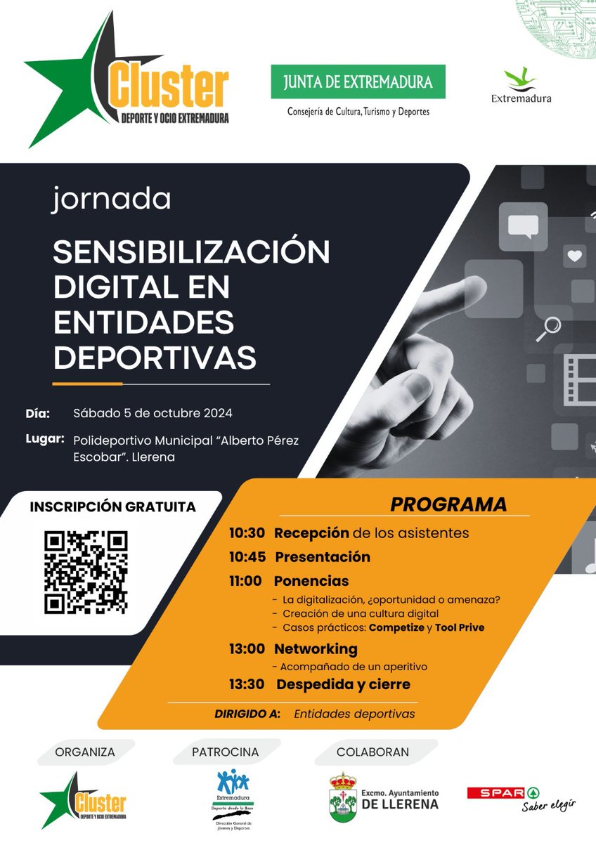 sportmaking's tweet photo. 💻JORNADA de SENSIBILIZACIÓN DIGITAL en ENTIDADES DEPORTIVAS 👩‍💻👨‍💻🛜

Próximo 5 de octubre en @Llerena_Ayto "Pabellón Municipal  Alberto Pérez" a partir de las 10.30 h. 
Inscripciones en : https://t.co/elJO22g33Y 

@ClusterDeporte @Junta_Ex @cultura_EXT 
¡¡¡TE ESPERAMOS!!! https://t.co/H63n9RLwqh