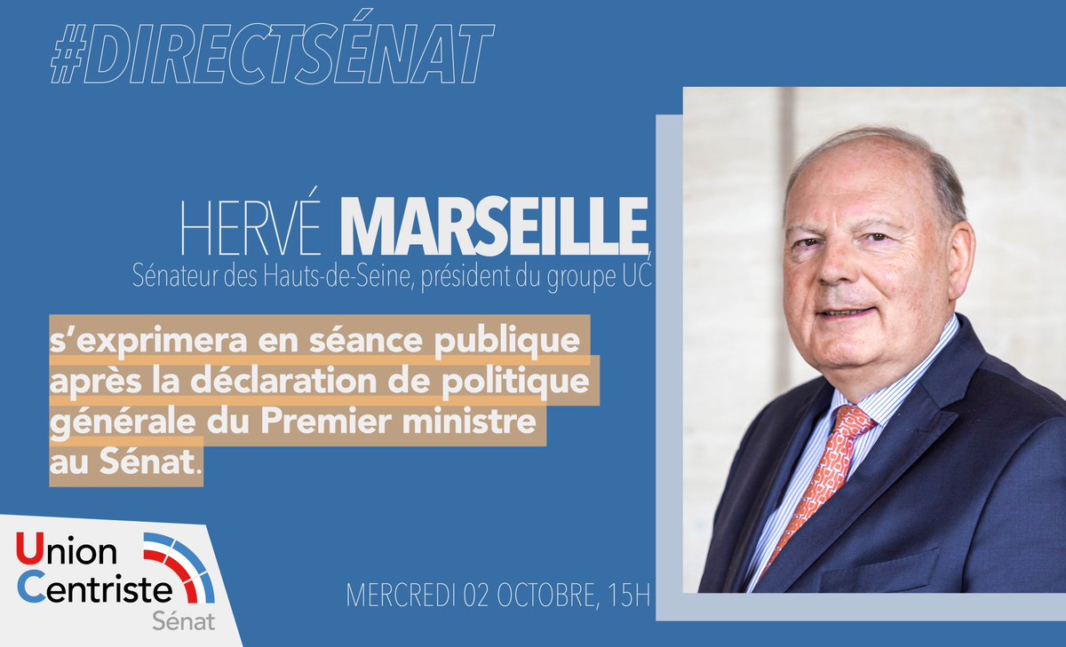 #DIRECTSÉNAT 

🔴 Déclaration de politique générale du Premier ministre <a href="/MichelBarnier/">Michel Barnier</a> au Sénat. 
Le président <a href="/HerveMarseille/">Hervé Marseille 🇺🇦</a> s'exprimera ensuite au nom des sénateurs Union Centriste.