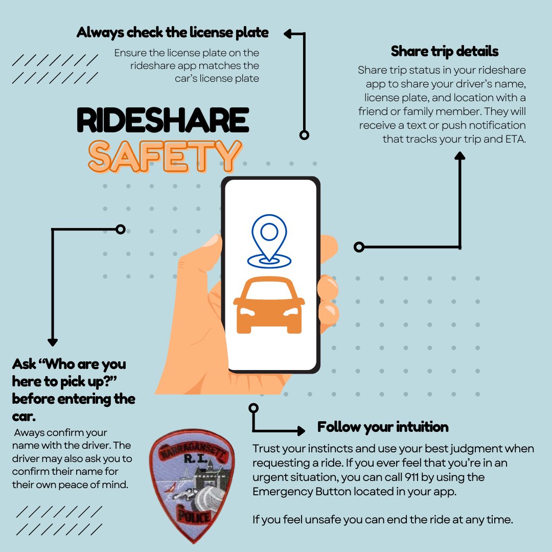 The Narragansett Police Department would like to share the following safety tips as it relates to Rideshare apps. We all know that rideshares are a great alternative to driving after a night out, but it's still important to utilize these services safely.