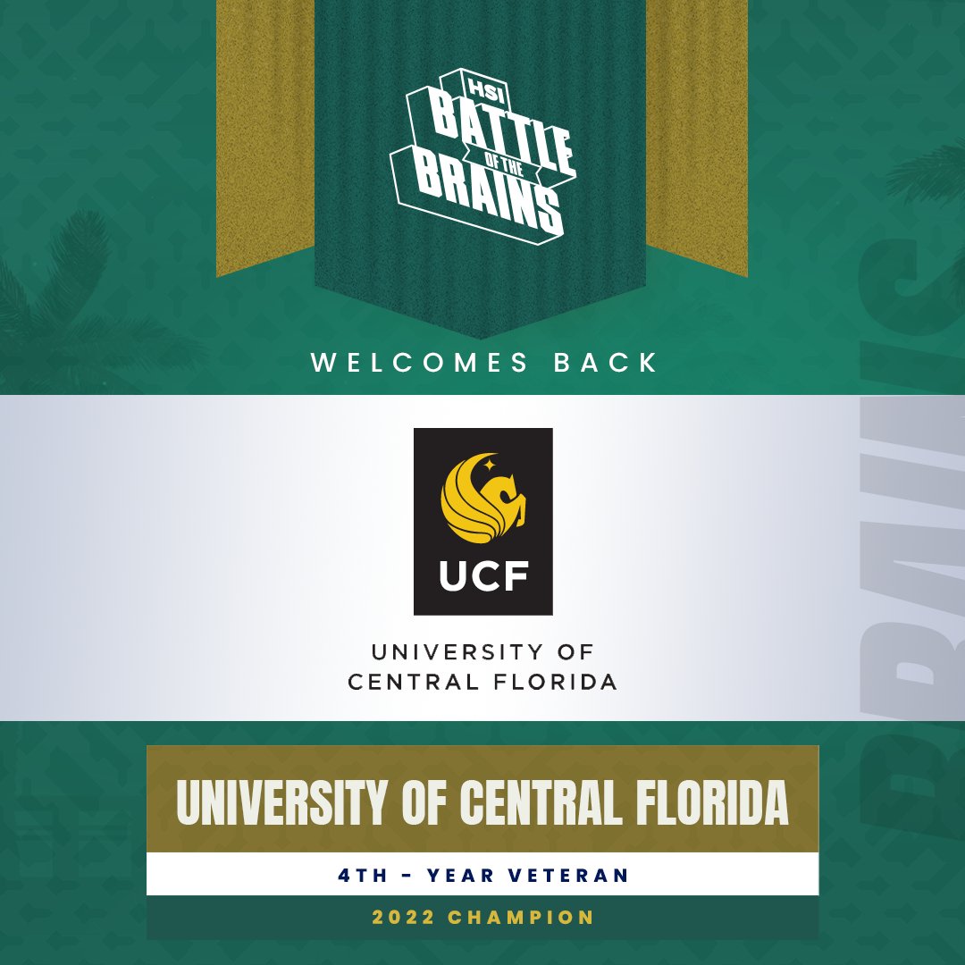 University of Central Florida (<a href="/UCF/">UCF</a>), our 2022 champion, is returning to the HSI Battle of the Brains in their hometown this week! #NuestroTiempo #HSIBotBrains #HispanicHeritageMonth <a href="/hsi_ucf/">UCF HSI</a>