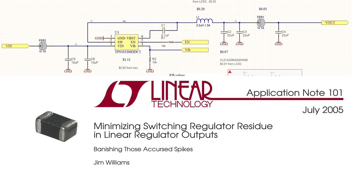 thinkedgesci's tweet image. I incorporate ferrites in my power electronics designs.  Some have sworn them off entirely.  In my opinion, nothing gets rid of switching regulator noise like ferrites coupled with a proper filter capacitor.