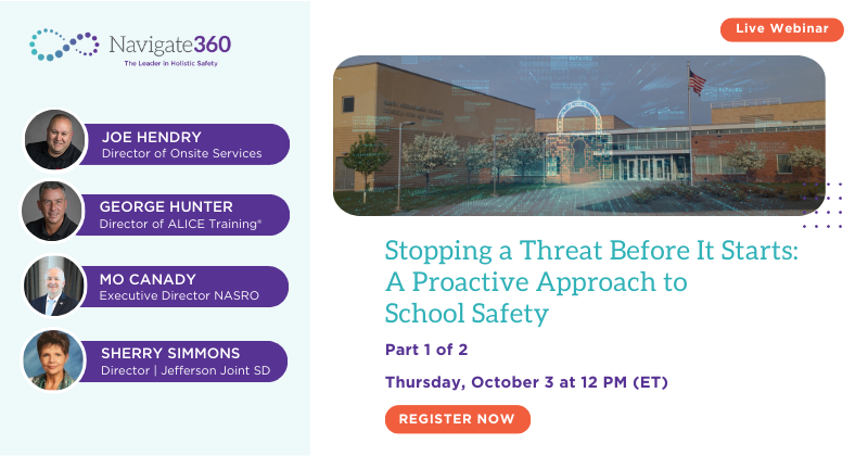 Navigate360_'s tweet image. Schools need more than a reaction plan—they need a proactive strategy. Join our webinar with experts to learn how to implement #emergencyprotocols, train staff & #students, and use tools like #panicalarms & visitor management. Register now 🚨 hubs.la/Q02RFNDy0 #schoolsafety