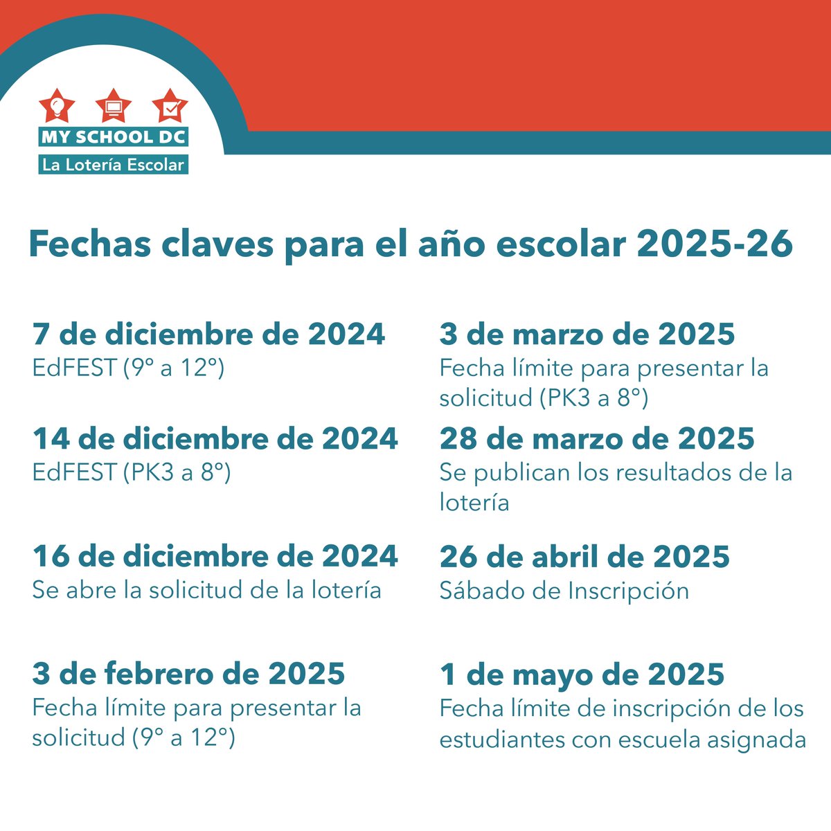 Getting ready for the 2025-26 school year My School DC lottery? Mark your calendar with these important dates: 
---------
¿Preparándote para la lotería de My School DC para el año escolar 2025-26? ¡Guarda estas fechas importantes en tu calendario!
