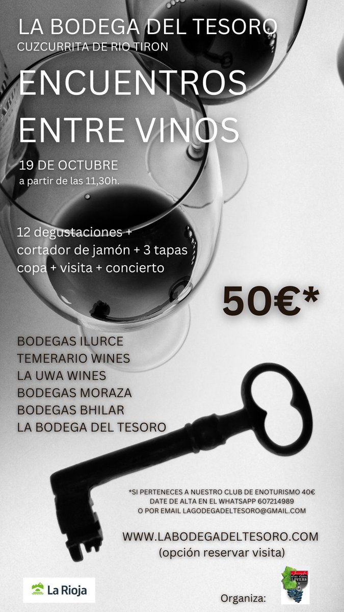 ENCUENTROS ENTRE VINOS de La Bodega del Tesoro 2024
Ya tenemos todo preparado para que puedas disfrutar de otra experiencia con pequeños productores de Rioja.
Entradas disponibles en labodegadeltesoro.com 
#enoturismo #wine #vino #winelovers #bodegas #winetours #Rioja