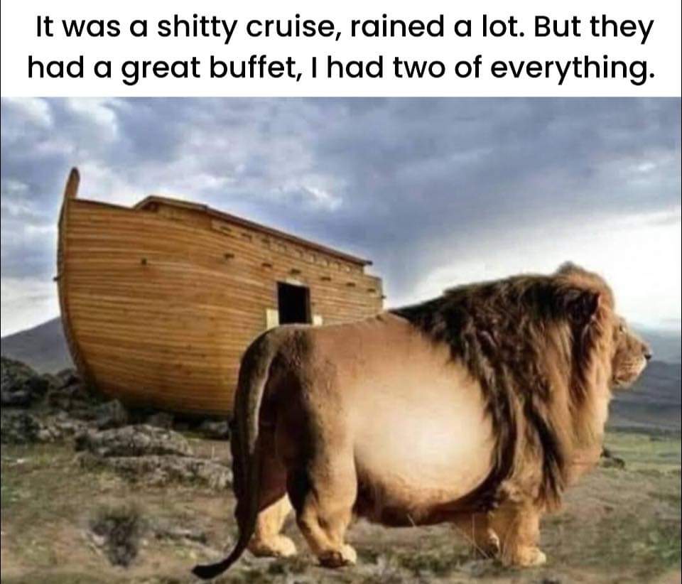 cruise #cruiseship #luxurycruise #rain #rained #buffet #foodbuffet #noah  #noahsark #twoofakind #twofer #secondhelpings #leo #lion #fatcat  #obesetobeast #beast #endbellyfatty #fatty #eatfatlosefat #fat #cartoon  #CartoonArt
