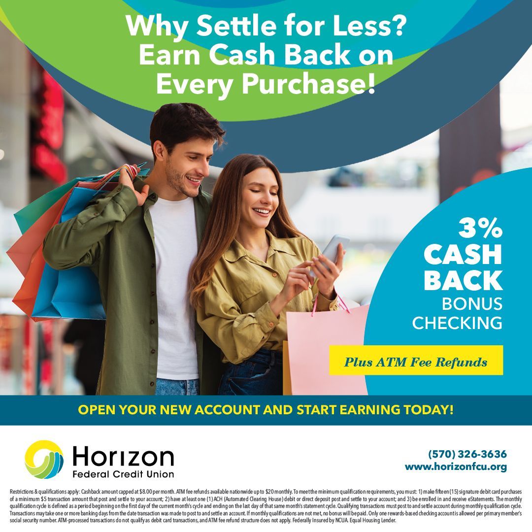 HorizonFCU's tweet image. At Horizon, we believe there’s no such thing as settling when it comes to cash back! 

With our Bonus Checking Account, members earn 3% cash back on every purchase!

Open your account and start earning today: buff.ly/4cWQDtT  

#HorizonFCU #CashBackRewards #BonusChecking