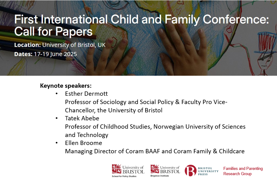 Call for papers | International Child and Family Conference, 17-19 June 2025 | Deadline for submissions: 31 October 2024
cfrc.blogs.bristol.ac.uk/cfrc-conferenc…
<a href="/Tema_Barn/">Tema Barn</a> <a href="/ChildismN/">ChildismNet</a> <a href="/child_ethics/">ethical research involving children</a> <a href="/Childhoodsinin1/">Childhoodsinindia</a> <a href="/JournalCES/">JCES</a> <a href="/TCcysc/">TheCCYSC</a> <a href="/queerchildhood/">Queer Childhood</a> <a href="/CcnUob/">Children and Childhood Network, UoB</a>