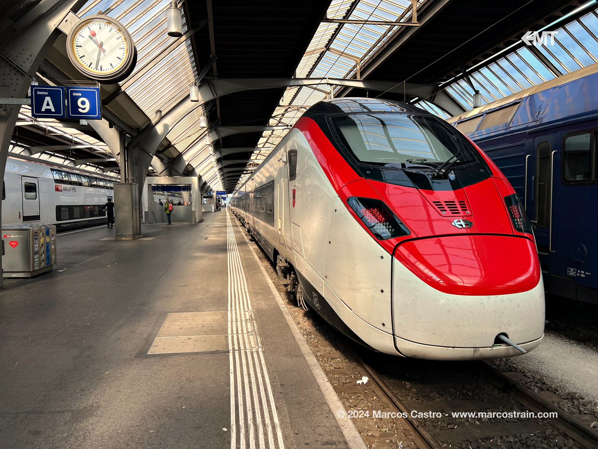 marcostrain's tweet photo. 🚆🇮🇹 Taking the early #EC312 from Milano Centrale to Zürich HB 🇨🇭, worked by this #RABe501 of SBB. The #Giruno has a top speed of 250 km/h and, as it passes through the Gotthard Base Tunnel, it makes the journey 3h 17min. Enough time to enjoy breakfast 🥐☕ in the restaurant car! https://t.co/UhDEZXls7q