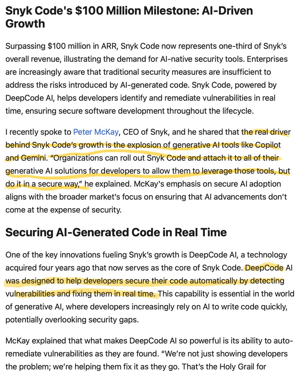 We now have a <a href="/Gartner_inc/">Gartner</a> Magic Quadrant on AI Code Assistants but...

Who's securing all that code and how?

<a href="/snyksec/">Snyk</a>'s Snyk Code product powered by it's own DeepCode AI just crossed the $100M ARR mark+ growing rapidly

The only way to keep up with AI-generated code is with AI
