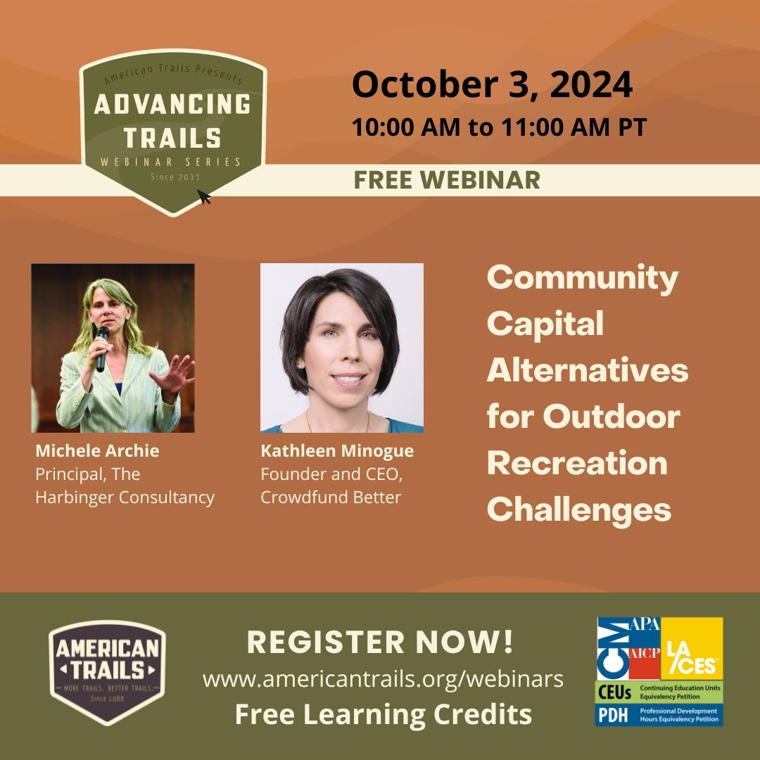 American Trails (@american_trails) on Twitter photo Join us for a FREE webinar tomorrow with <a href="/crowdfundbetter/">Crowdfund Better®</a> to learn about community capital funding strategies that can put your community in the driver's seat as you build your outdoor recreation economy. Register: buff.ly/4ekQyRQ Join us for a FREE webinar tomorrow with <a href="/crowdfundbetter/">Crowdfund Better®</a> to learn about community capital funding strategies that can put your community in the driver's seat as you build your outdoor recreation economy. Register: buff.ly/4ekQyRQ