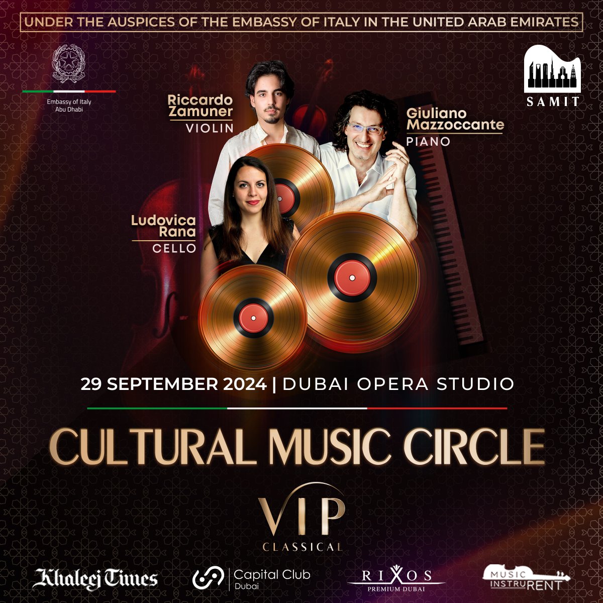 Join us for the season’s opening concert on 29th Sep, 2024, at 7:00 PM at Dubai Opera, where three acclaimed Italian maestros will take the stage for a mesmerizing performance.

#classicalmusic #vip_classical #culturalmusicircle #dubaievents #mydubai