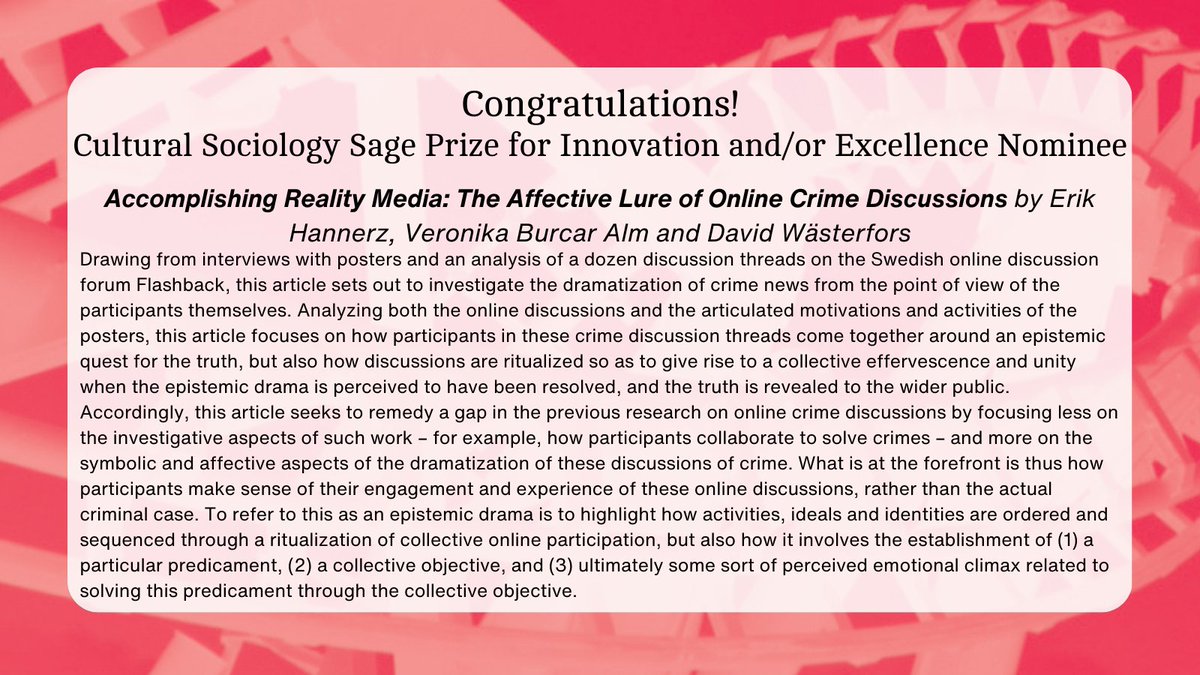 🎉Sage Prize Nominee🎉
In ‘Accomplishing Reality Media’, Erik Hannerz, Veronika Burcar Alm, and David Wästerfors investigate the dramatization of crime news from the point of view of the participants.

Read their Sage Prize nominated paper! <a href="/lunduniversity/">Lund University</a>
doi.org/10.1177/174997…