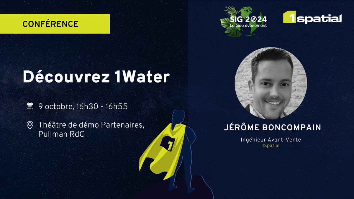 🚰 Découvrez 1Water lors de SIG 2024 !
Participez à la session de 1Spatial pour découvrir 1Water, la solution innovante dédiée à la gestion des réseaux d’eau et d’assainissement. 
📅 Quand ? 9 octobre, 16h30 - 16h55
📍 Où ? SIG 2024, Théâtre de démo Partenaires, Pullman RdC