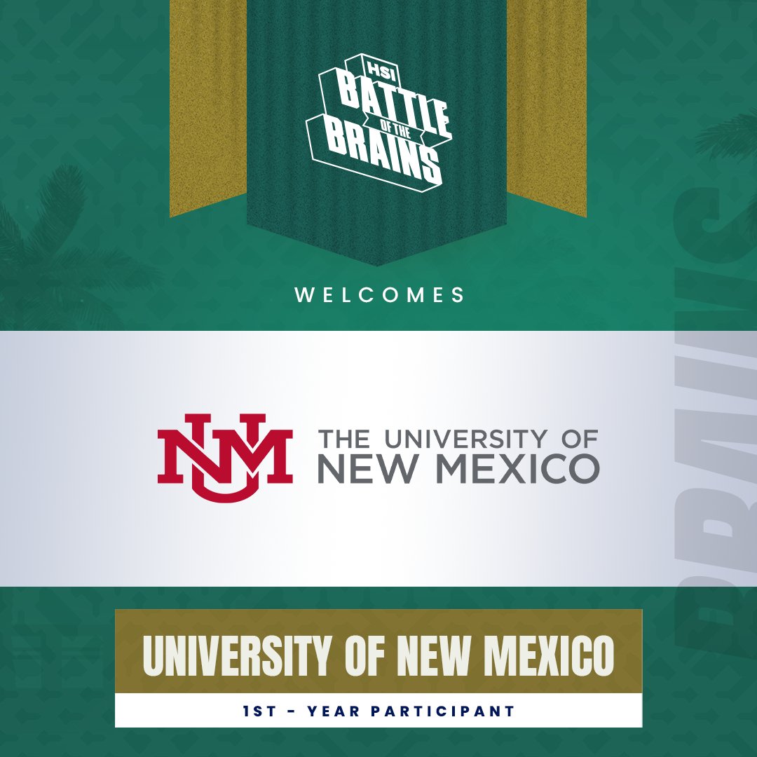 HSI Battle of the Brains (@hsibotbrains) on Twitter photo We're welcoming The University of New Mexico (<a href="/unm/">Univ. of New Mexico</a>) to the HSI Battle of the Brains for the very first time! Get excited! #NuestroTiempo #HSIBotBrains #HispanicHeritageMonth We're welcoming The University of New Mexico (<a href="/unm/">Univ. of New Mexico</a>) to the HSI Battle of the Brains for the very first time! Get excited! #NuestroTiempo #HSIBotBrains #HispanicHeritageMonth